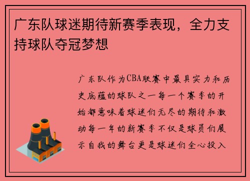 广东队球迷期待新赛季表现，全力支持球队夺冠梦想